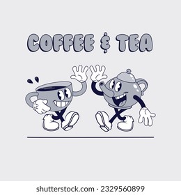 Kaffeekrug und Teekanne, mit hochwertigem 5 Vintage-Cartoon-Café-Maskottchen, Retro-Logo-Design