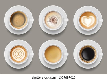 Coffee mug top view. Cappuccino espresso latte milk brown coffee vector realistic template