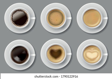 Coffee mug top view collection isolated. Black coffee, cappuccino espresso, latte, mocha, americano cup. vector realistic template