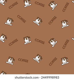 COFFEE MUG WITH TYPOGRAPHY TEXT SEAMLESS PATTERN ALL OVER PRINT VECTOR ILLUSTRATION