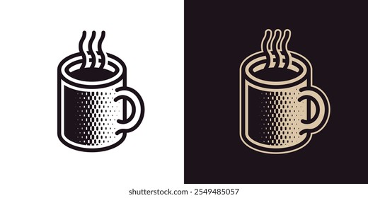 Kaffeebecher, Vektorsymbol-Illustration in zwei Stilen, auf hellem und auf dunklem Hintergrund