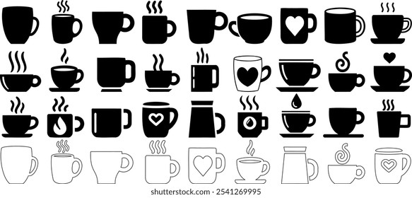 Coffee mug vector icons, tea cup silhouette set, heart, steam, cafe elements, perfect coffee cup for logos, infographics, websites, and coffee shop branding