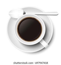 Coffee in mug vector in white, isolated on white background. With spoon and small plate, top view, from above.
