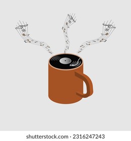 Coffee mug with vinyl in it and musical staff with coffee beans as musical notes