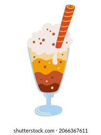 Coffee mug with whipped cream. Glass of hot cocoa or coffee and a straw. Warm sweet drink. Vector cartoon illustration. Isolate on a white background.