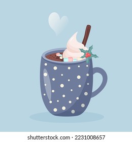 Coffee mug with whipped cream, marshmallow, cinnamon and holly. Heart shaped steam. Christmas greeting card.