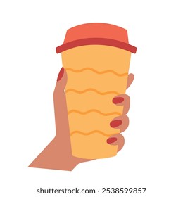 Coffee mug in woman hand vector flat illustration