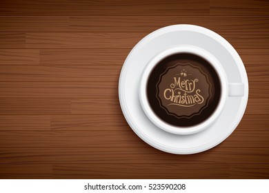 coffee mug with words merry Christmas on brown wood table