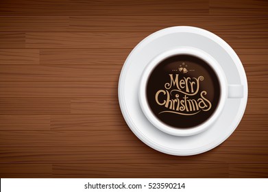 coffee mug with words merry Christmas on brown wood table