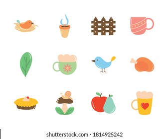 coffee mugs and autumn icon set over white background, flat style, vector illustration