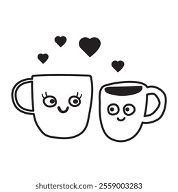 Coffee mugs. Boy and girl. Romantic scene about fall in love. Card design for Valentine's day. Vector outline illustration on white background.