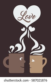 Coffee Mugs Characters in Love Valentine's Day Card Poster Flyer Template Layout Vector Art Illustration