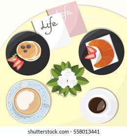 Coffee mugs with a croissant and pancakes on a round yellow table with roses and magazines. Flat style vector illustration.