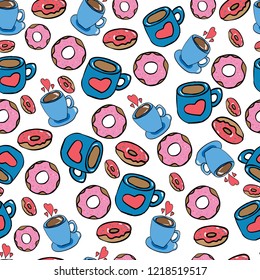 Coffee mugs and donuts. Vector seamless pattern.Eps10.