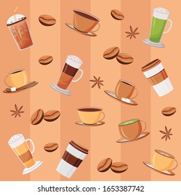 Coffee mugs flat vector seamless pattern. Matcha latte. Caramel macchiato. Striped beige background. Cappuccino texture with cartoon color icons. Holiday hot drinks wrapping paper, wallpaper design