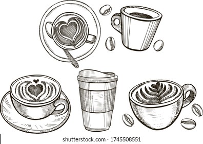 coffee mugs hand drawn for design and illustrations