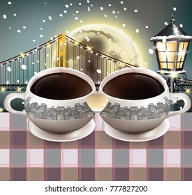 Coffee mugs heart shape Vector. Full moon over the bridge background. Romantic winter night Vector templates