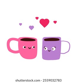 Coffee mugs with hearts over them. Romantic scene. Card design for Valentine's day. Flat illustration on white background.