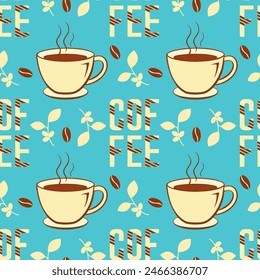 Coffee mugs with hot drink and coffee beans and letters seamless pattern on blue background. Vector illustration