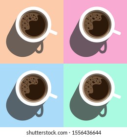 Coffee mugs on 4 different backgrounds: orange, blue, green, pink.