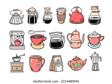 Coffee mugs and coffee pots doodle elements objects set. Hand drawn colorful cartoon style vector illustration. Isolated on white background.