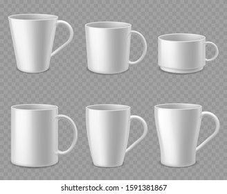 Coffee mugs. Realistic white ceramic mug mockup for espresso, cappuccino and tea, simple shape of porcelain cups, isolated 3d vector template of bowl and teacup