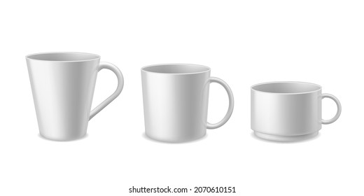 Coffee mugs. Realistic white ceramic mug mockup for espresso, cappuccino and tea. Different forms utensil side view. Hot beverage empty dishware. Advertise and presentation. Vector 3d set