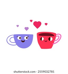 Coffee mugs. Red and purple colors. Boy and girl. Romantic scene. Card design for Valentine's day. Flat illustration on white background.