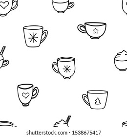 Coffee mugs seamless pattern in doodle,hand drawn style for wrapping paper, menus.