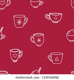 Coffee mugs seamless repeat pattern on red background in doodle, hand drawn style for wrapping paper.