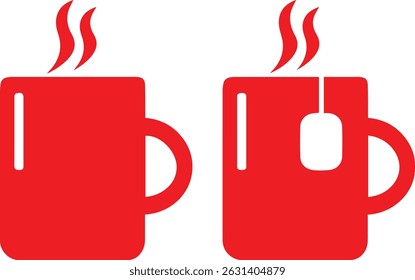 coffee mugs, tea cups, hot beverages, steam rising, simple shapes, minimalist design, flat graphic style, dual image	