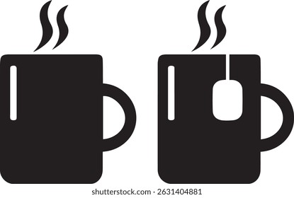 coffee mugs, tea cups, hot beverages, steam rising, simple shapes, minimalist design, flat graphic style, dual image	