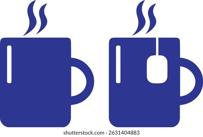 coffee mugs, tea cups, hot beverages, steam rising, simple shapes, minimalist design, flat graphic style, dual image	