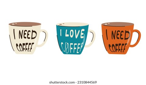 Coffee mugs with text and lettering. handwritten quotes. flat simple style