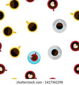 Coffee Mugs Top View Vector Color Icons Seamless Pattern. Cafe, Coffee Shop Logo. Latte, Cappuccino Cups With Saucers Linear Symbols Pack. Hot Beverage In Porcelain Kitchenware Illustration