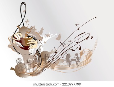 Kaffeemusik. Abstrakter, mit einer Kaffeewelle, Bohnen und einer Tasse verzierter Treppenschacht. Handgezeichnete Vektorgrafik.
