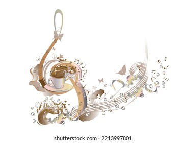 Coffee music. Abstract treble clef decorated with coffee wave, beans and a cup. Hand drawn vector illustration.