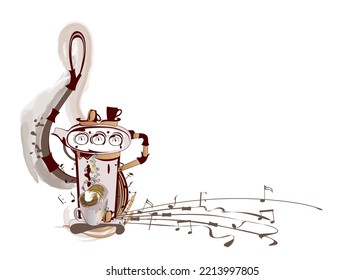 Coffee music. Abstract treble clef decorated with coffee wave, beans and a cup. Hand drawn vector illustration.