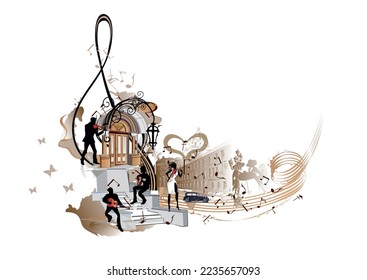 Coffee music. Abstract treble clef decorated with musicians and cafe window. Hand drawn vector illustration.