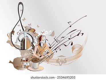 Coffee music. Abstract treble clef decorated with coffee wave, beans and a cup. Hand drawn vector illustration.