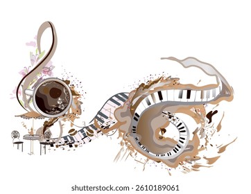 Coffee music. Abstract treble clef decorated with coffee wave, beans and a cup. Hand drawn vector illustration.