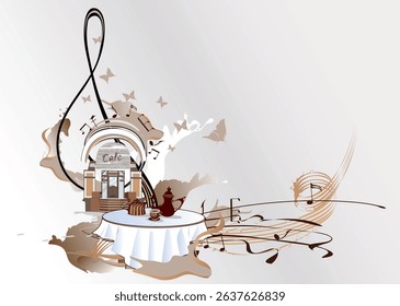 Coffee music. Abstract treble clef decorated with coffee wave, beans and a cup. Hand drawn vector illustration.