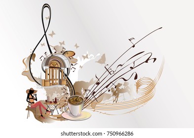Coffee music. Abstract treble clef decorated with notes, sweets and cafe.Hand drawn illustration.