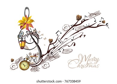 Coffee music. Abstract treble clef decorated with notes, sweets and cafe.Hand drawn vector illustration.