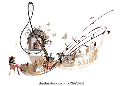 Coffee music. Abstract treble clef decorated with musicians, notes and cafe.Hand drawn vector illustration.