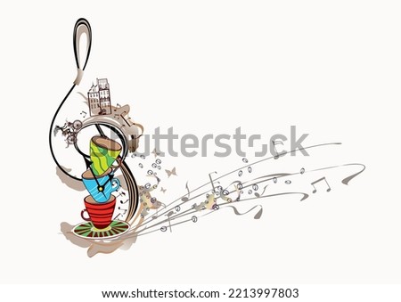 Coffee music. Abstract treble clef decorated with coffee wave, beans and a cup. Hand drawn vector illustration.