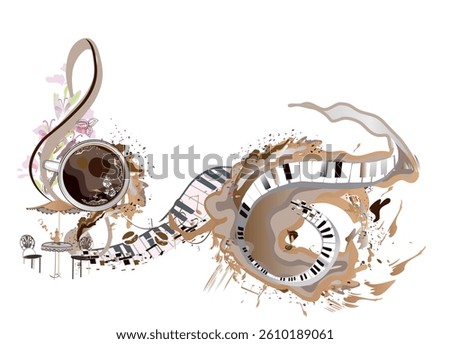 Coffee music. Abstract treble clef decorated with coffee wave, beans and a cup. Hand drawn vector illustration.