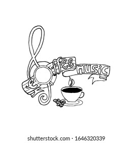 Coffee music. Decorative lettering. Hand drawn lettering. Quote. Vector hand-painted illustration. Decorative inscription. Morning coffee. Coffee break. Vintage illustration.