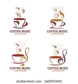 Coffee music logo - icon design template with a cup, coffee bean and music icon Vector illustration