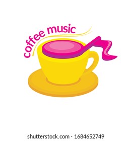 Coffee music logo or icon vector design, with yellow cup and pink music note symbol